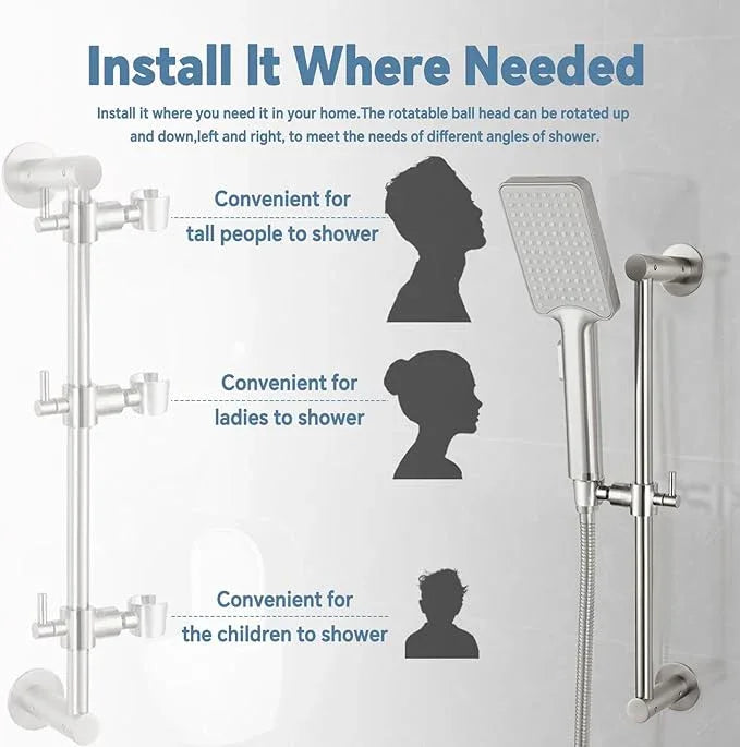 Shower Slide Bar Adjustable Handheld Shower Head Holder Wall Mount - 15inch All-Metal Shower Head Slide Bar Compatible with Bathroom Drill Free Glue Installation - Brushed - ModernBath