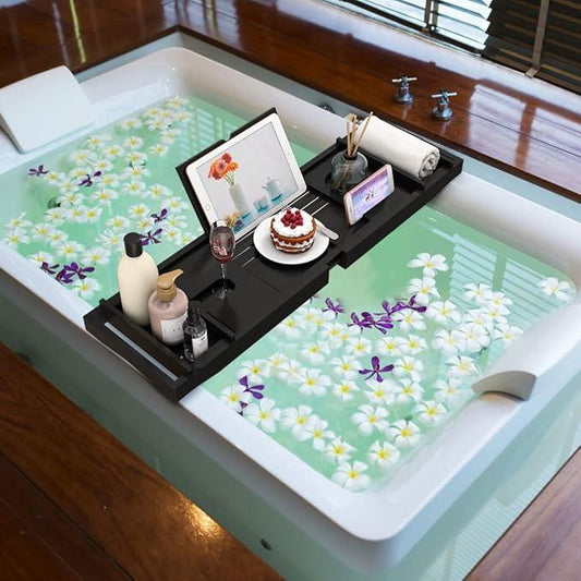Bamboo Bathtub Tray for Luxury Bathroom, Expandable Premium Bath Tray w/Soap Towel Book Holder, Adjustable Bath Accessories for Tub,Extendable Tub Tray with Wine Glass Cup Organizer 29.5"-43.3" Black - ModernBath
