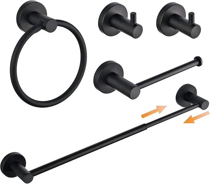 SHUNLI 5-Piece Bathroom Hardware Accessories Set Matte Black (Towel Bar Adjustable 16” to 26”, Toilet Paper Holder, Towel Ring, 2 PCS Towel Hook) Wall Mounted, SUS304 Stainless Steel - ModernBath