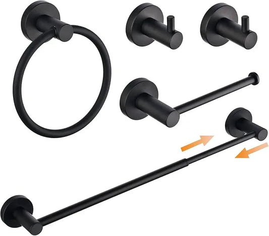 SHUNLI 5-Piece Bathroom Hardware Accessories Set Matte Black (Towel Bar Adjustable 16” to 26”, Toilet Paper Holder, Towel Ring, 2 PCS Towel Hook) Wall Mounted, SUS304 Stainless Steel - ModernBath