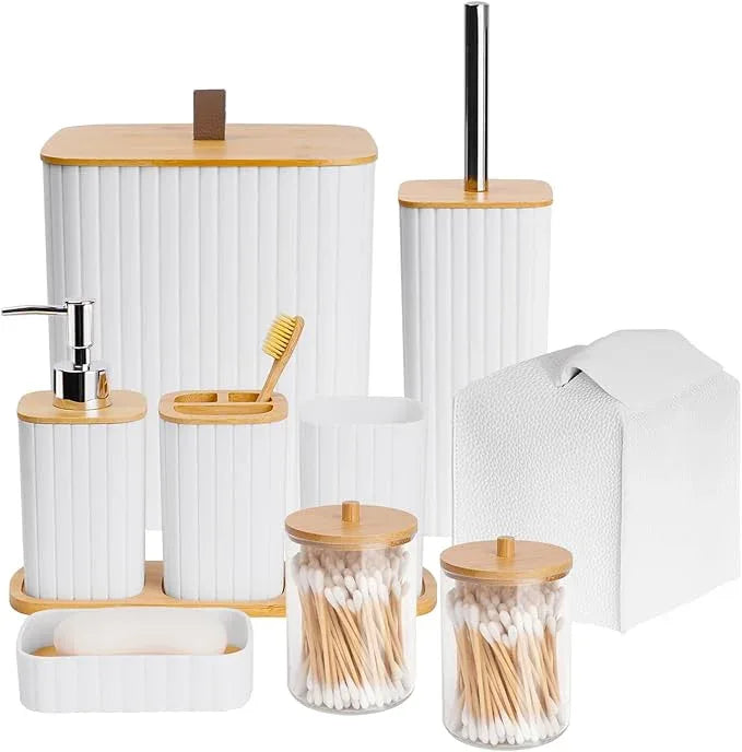 Bathroom Accessory Set - 10 Piece White Bathroom Sets Complete with Trash Can, Toothbrush Holder & Cup, Soap Dispenser, Soap Dish, Toilet Brush & Holder, Vanity Tray, Qtip Holder, Tissue Box Cover - ModernBath
