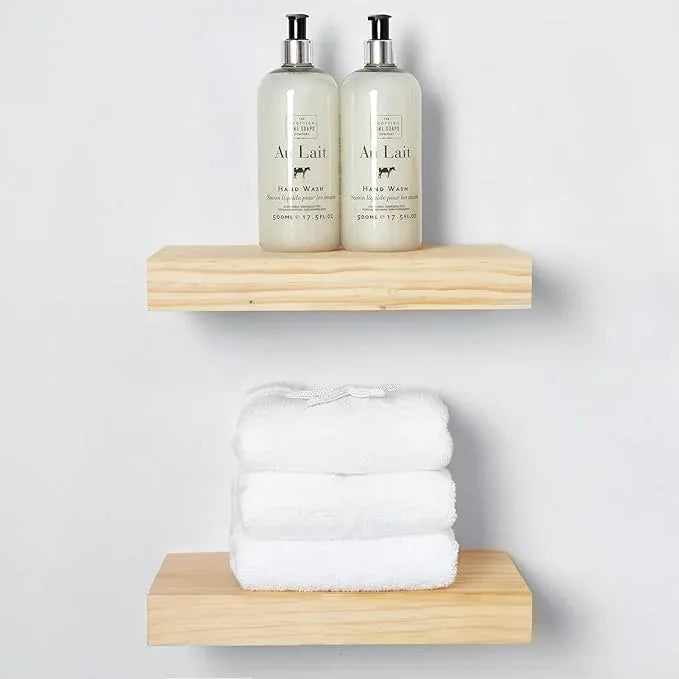 Homeforia 12 inch Natural Floating Shelf, High End Solid Real Wood 12inch Small Floating Shelves for Wall Mounted, Natural Wooden Floating Shelves, Heavy Duty Bracket, 12 X 6.5 X 1.75 in, Set of 2 - ModernBath