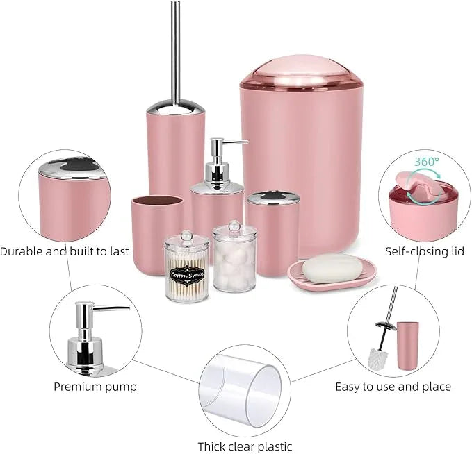 IMAVO Bathroom Accessories Set,Pink Bathroom Set,9 Pieces Bathroom Accessory Set,Tray,Qtip Holders,Toilet Brush,Trash Can for Bathroom Décor and Home Gifts - ModernBath
