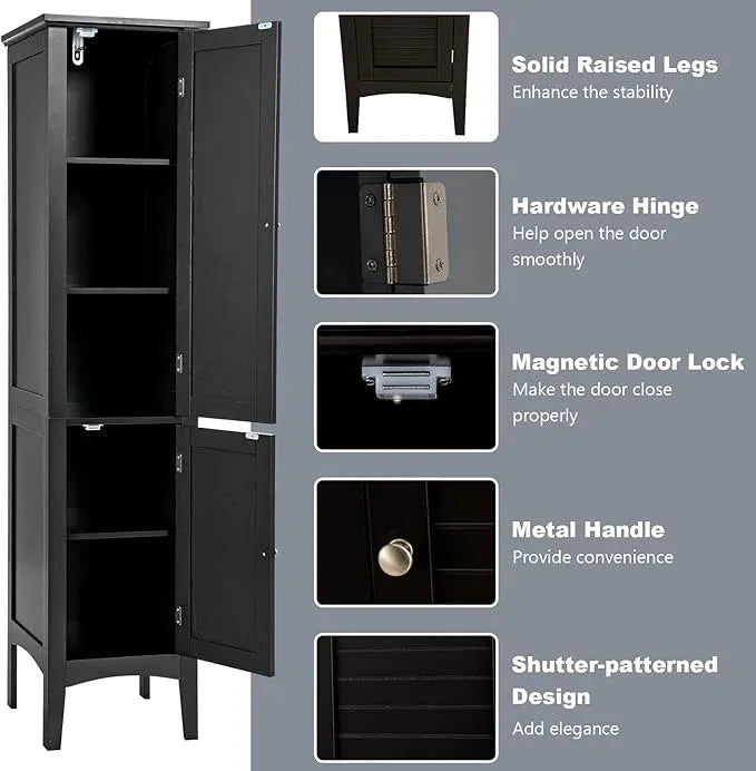 Tangkula Tall Bathroom Storage Cabinet, 5-Tier Wooden Freestanding Tower Cabinet, Narrow Storage Floor Cabinet w/ 2 Doors & Shelves for Bathroom Living Room Kitchen (Black) - ModernBath