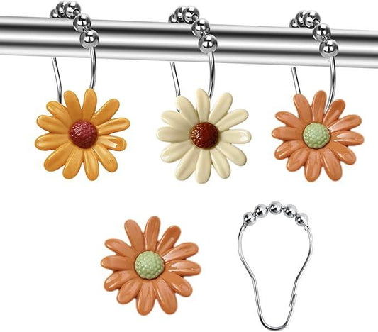 Elerslodia Daisy Flower Decorative Shower Curtain Hooks,Set of 12,Terracotta and White,Roller Ball, Stainless Steel, Floral Decor,Rustproof,Easy Install,Home Living & Bathroom Decor,Shower Rings - ModernBath