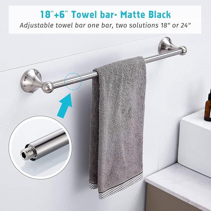8 Piece Bathroom Accessory Set(Adjustable Towel Bar, Towel Ring, Toilet Paper Holder,Towel Hook), Wall Mounted Bathroom Hardware Accessories Set,Brushed Nickel - ModernBath
