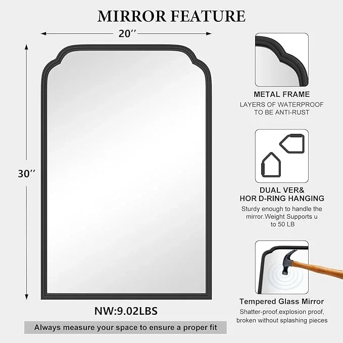 Ferytange 20X30 Inch Black Metal Framed Bathroom Mirror for Wall, Matte Black Bathroom Vanity Mirror, Rectangular Rounded Decor Mirror Anti-Rust, Tempered Glass (Black 20" x 30") - ModernBath