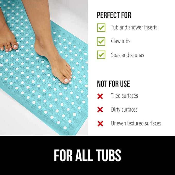 GORILLA GRIP Patented Bath Tub Shower Mat, Machine Washable Bathtub Floor Liner Mats, Suction Cups and Drain Holes to Keep Tubs Clean, Soft on Feet, Bathroom Essentials, 35x16 Inch, Clear Turquoise - ModernBath