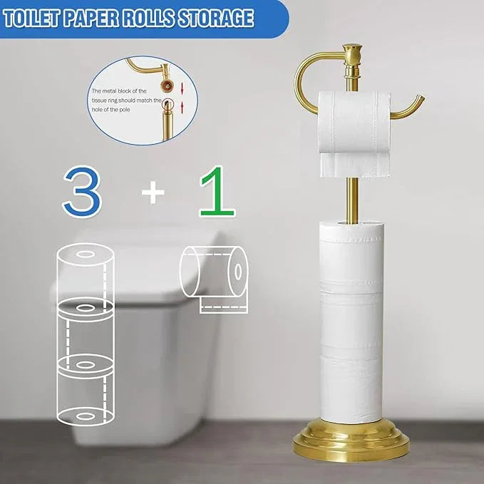 RUMOSE Toilet Paper Holder Stand for Floor, Brushed Gold Adjustable (12.4" to 22.8") Bathroom Toilet Tissue Holder, Free Standing Toilet Paper Roll Holder with Storage, Stainless Steel - ModernBath