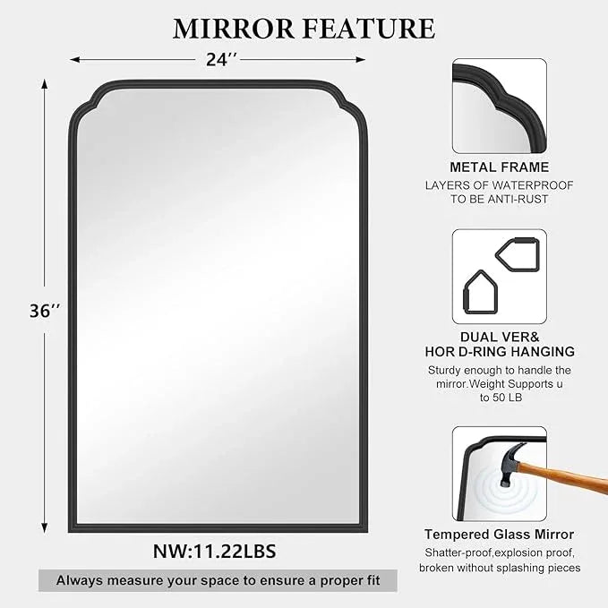 Ferytange 24X36 Inch Black Bathroom Mirror for Over Sink, Modern Rounded Corner Rectangle Mirror with Non-Rusting Iron Metal Framed Bathroom Vanity Mirror for Wall Decor(Tempered Glass) - ModernBath
