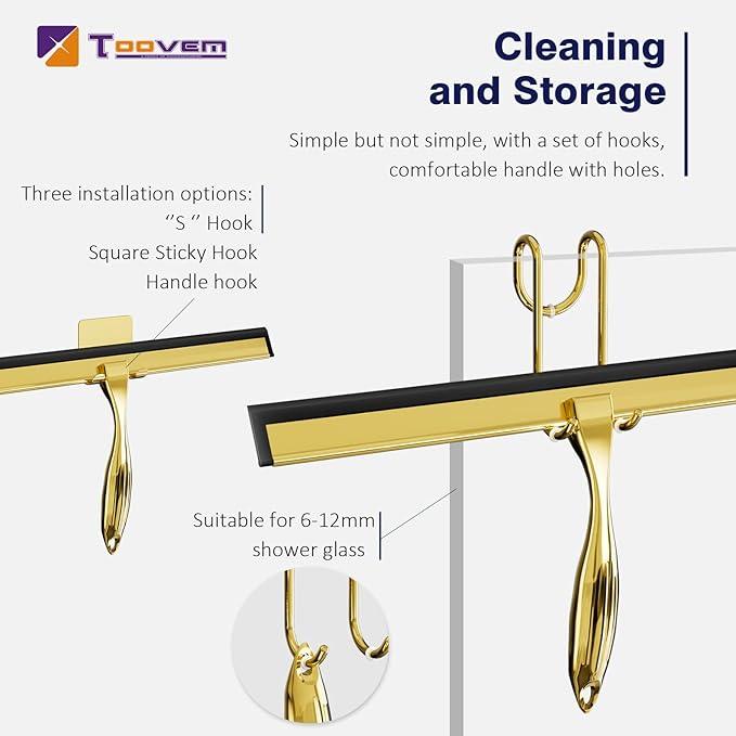 TOOVEM 14 Inch Shower Squeegee for Glass Doors, Window, Bathroom, Car Windshield, Shower Cleaning Tools with S Hook, Square Sticky Hook (Gold) - ModernBath