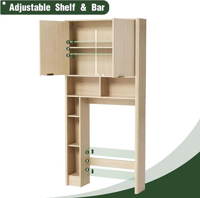 31''W Over The Toilet Storage Cabinet with Fluted Door, Oak Bathroom Organizer with Adjustable Shelf, 67''H Tall Natural Toilet Paper Holder Stand Wave Door for Restroom, Laundry Room - ModernBath