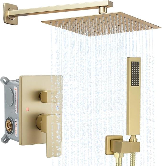 Brushed Gold Shower System YCAIKOI Wall Mount Shower Faucet Set for Bathroom 10 Inch High Pressure Luxury Shower Head with Handheld, Rough-in Valve Body and Trim Included - ModernBath