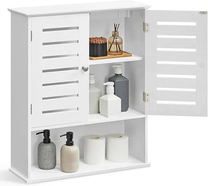 VASAGLE Bathroom Wall Cabinet, Medicine Cabinet, Wall-Mounted Bathroom Storage Cabinet, with Adjustable Shelf, Double Slat Doors and Open Shelf, 7.9 x 23.6 x 27.6 Inches, White UBBK028W01 - ModernBath