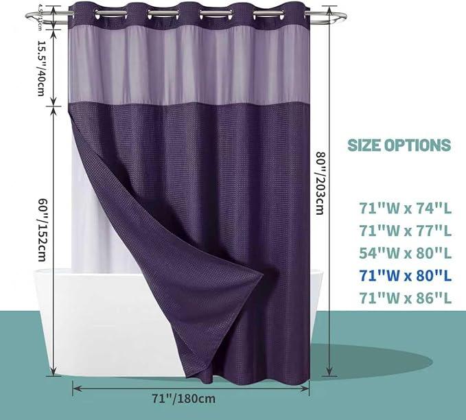 eachope Purple Long No Hook Waffle Weave Shower Curtain with snap-in Liner Replacement, 230GSM Waterproof Fabric Hotel Shower Curtain Set for Bathroom, Through Mesh Top Window,71Wx80H - ModernBath
