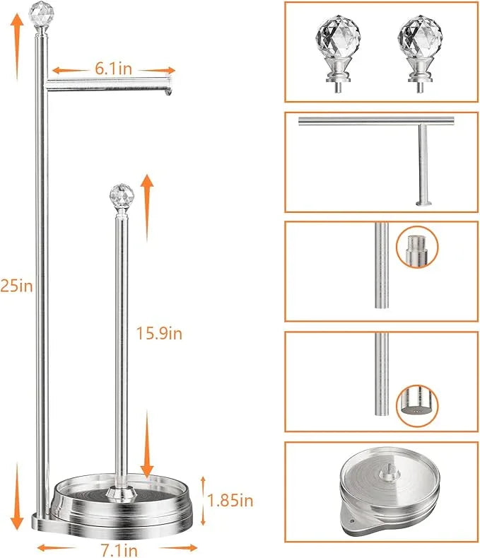 Toilet Paper Holder for Bathroom, Heavy Weighted Metal Free Standing Toilet Paper Holder Stand with Crystal Ball, Toilet Paper Roll Stand for Bathroom Accessories - ModernBath