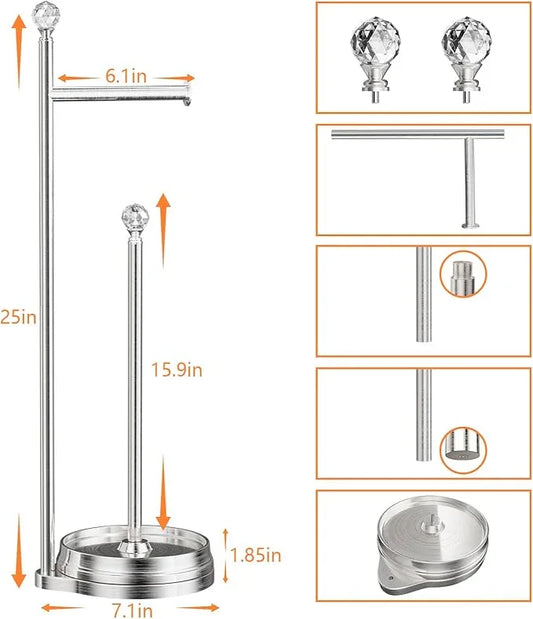 Toilet Paper Holder for Bathroom, Heavy Weighted Metal Free Standing Toilet Paper Holder Stand with Crystal Ball, Toilet Paper Roll Stand for Bathroom Accessories - ModernBath