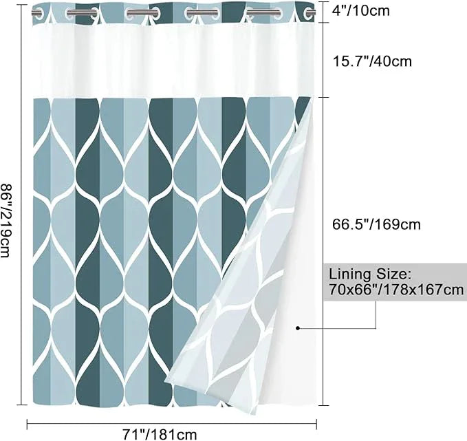 Yiatn No Hook Aegean Blue Long Shower Curtain with Snap in Fabric Liner Set - Hotel Style with See Through Mesh Top Window, Modern Geometric Waterdrop Design,Waterproof and Washable, 71x86 INCH - ModernBath