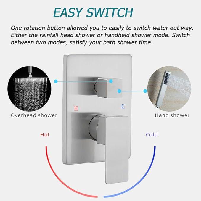 JingGang 12 Inch Ceiling Mount Brushed Nickel Shower System Bathroom Luxury Rain Mixer Shower Combo Set Ceiling Rainfall Shower Head System (Contain Shower Faucet Rough-in Valve Body and Trim Kit) - ModernBath