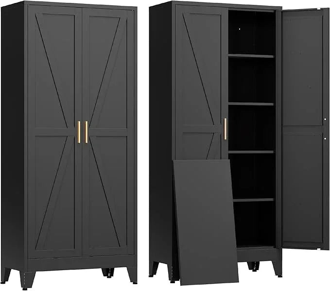 COFaR Black Farmhouse Storage Kitchen Pantry Cabinet with 2 Barn Door, 4 Adjustable Shelves and Legs, for Cupboard/Dining Room/Bathroom/Living Room/Office/Laundry Room (Black, 71" Farmhouse) - ModernBath