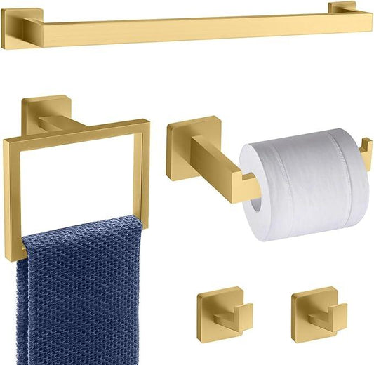 5 Piece Gold Towel Bar Set Bathroom Hardware Set Gold Bathroom Accessories Set with 2 Towel Hook, Stainless Steel Wall Mounted Bathroom Towel Rack Set Square 16-Inch - ModernBath