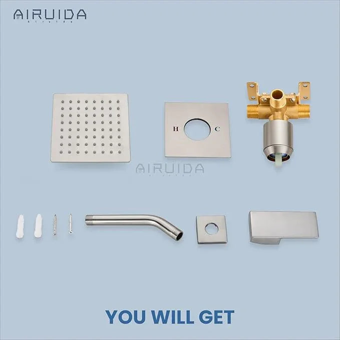 Airuida Shower Faucet Set Bathroom Rain Shower System SUS304 Stainless Steel Single Handle With Male Threads Rough-in Valve Shower Trim Kit 6 Inch Wall Mount Shower Head Brushed Nickel - ModernBath