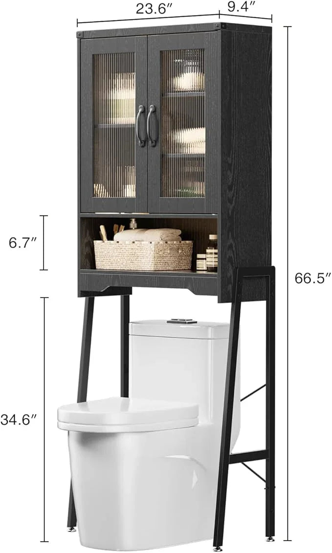 Over The Toilet Storage Cabinet with Tempered Glass Doors & Adjustable Shelf, Bathroom Organizer with Metal Stand Space Saver Over Toilet , Tall Freestanding Shelf/Rack for Bathroom, Black - ModernBath