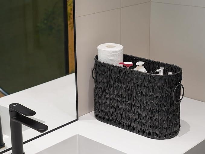 Coeusy Black Toilet Paper Storage Basket,Large Free Standing Toilet Paper Organizer,Waterproof Narrow Wicker Basket for Bathroom,Under Sink,or Cabinet - ModernBath