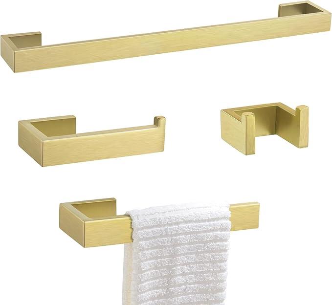 TNOMS Light Gold Towel Bar Set 4 Pieces Bathroom Hardware Set Wall Mounted Stainless Steel,Towel Bar+Towel Holder+Towel Hook+Toilet Paper Holder,23.6 inch - ModernBath
