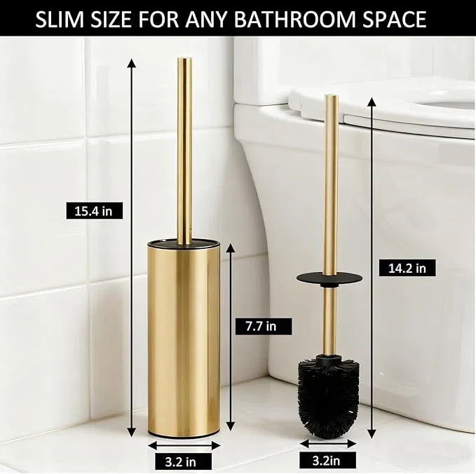 Toilet Brush and Holder Set, NEWRAIN 304 Stainless Steel Toilet Brush with Long Brush Handle, Brushed Gold Toilet Scrubber and Covered Holder, Round Design Sturdy and Space Saving, Covered Brush - ModernBath