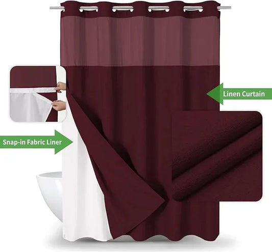 eachope Extra Long No Hooks Needed Linen Textured Shower Curtain with Snap-in Fabric Liner Set,White Hotel Luxury Decor Shower Curtains for Bathroom,Waterproof & Washable,71Wx86H,Burgundy - ModernBath