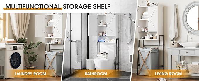 Over The Toilet Storage Cabinet with 2-Door Design Bathroom Organizers and Storage with Anti-Tip Device Over Toilet Organizer with Shelves for Bathroom,Restroom,Laundry White - ModernBath