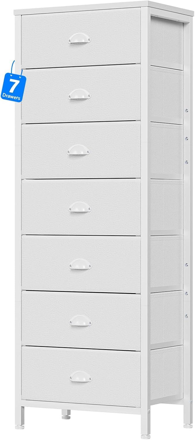 Furnulem White Tall Dresser for Bedroom with 7 Drawers, Vertical Chest of Drawer in Closet, Nightstand Storage Tower Unit Organizer with Fabric Bins for Dorm,Living Room,Entryway,Hallyway - ModernBath