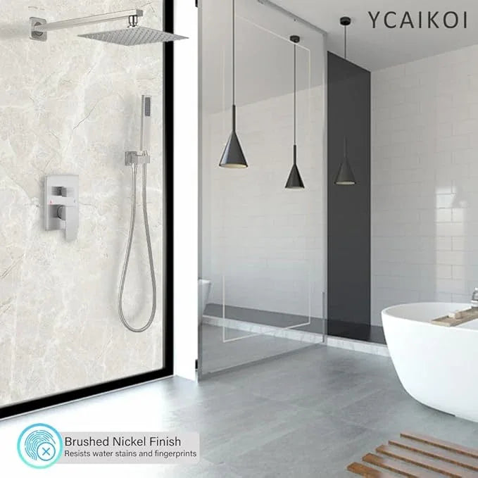 Brushed Nickel Shower System YCAIKOI Wall Mount Shower Faucet Set for Bathroom 10 Inch High Pressure Luxury Shower Head with Handheld, Rough-in Valve Body and Trim Included - ModernBath