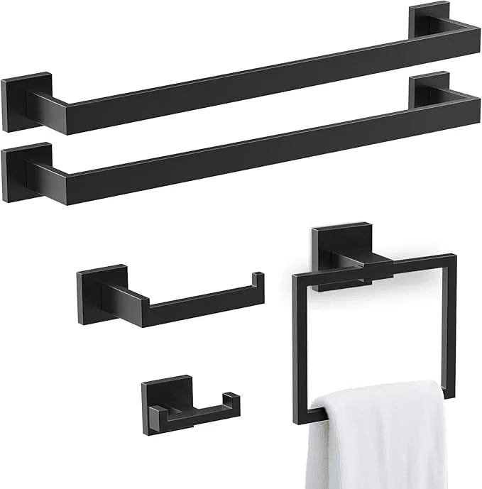 BOZWELL 5 Pieces Matte Black Bathroom Hardware Accessories Set Square Towel Racks for Bathroom 23.6 inch Stainless Steel Towel Bar Set Wall Mounted - ModernBath