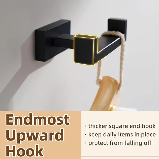 APLusee Double Robe Towel Hook, 304 Stainless Steel Square Dual Coat Hook, Utility Bath Kitchen Storage Hanger Holder, Matte Black - ModernBath