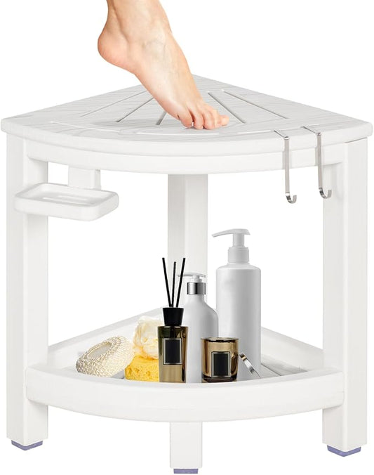 LOENIY 2-Tier Corner Shower Stool with Hooks & Soap Dish, HDPE Shower Bench for Shaving Legs, Wood-Like Shower Stool for Inside Shower with Non-Slip Foot Pads, Waterproof Shower Foot Rest (White)