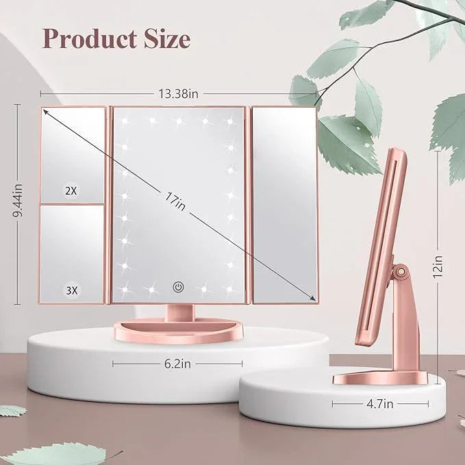 HUONUL Makeup Mirror Vanity with Lights, 2X 3X 10X Magnification, Touch Control, Trifold Mirror, Dual Power Supply, Gifts for Women, Wife, Mom, Teengirls(Rose Gold) - ModernBath