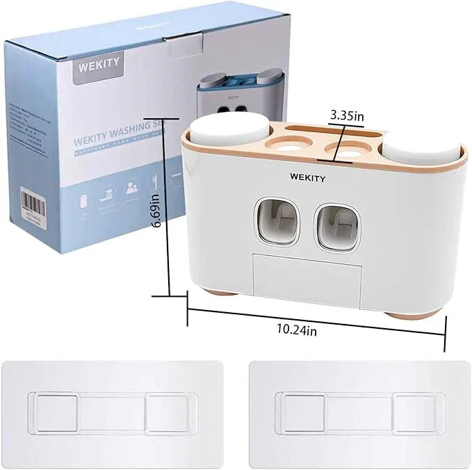 Toothbrush Holder Wall Mounted, WEKITY Multi-Functional Toothbrush and Toothpaste Dispenser for Bathroom, with 5 Toothbrush Slots, 2 Toothpaste Squeezers and 4 Cups(Pink) - ModernBath