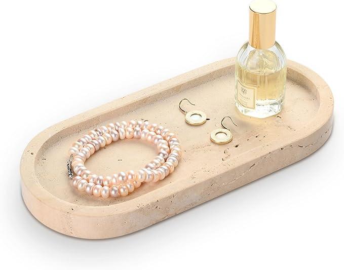 HAMAKAWA Bathroom Vanity Tray, Natural Marble Oval Sink Tray 10 inch, Beige Travertine Vanity Tray for Soap Dispenser Modern Countertop Organizer for Kitchen Countertops, Home Decor - ModernBath
