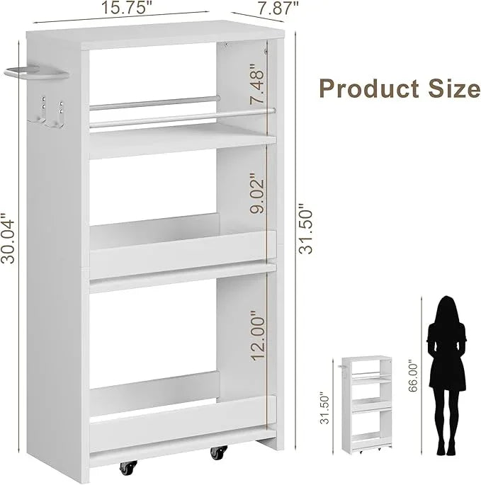 ChooChoo 4-Tier Slim Storage Cart with Handle, 7.87" W Rolling Utility Cart on Universal Wheels, Kitchen Cart Mobile Shelving Organization for Laundry Room, Bathroom & Narrow Places, White - ModernBath