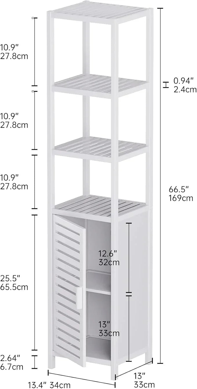 HITNET Bathroom Tall Cabinet, Floor Standing Bamboo Storage Cabinet with 6 Shelves and Shutter Door for Kitchen Living Room, White - ModernBath