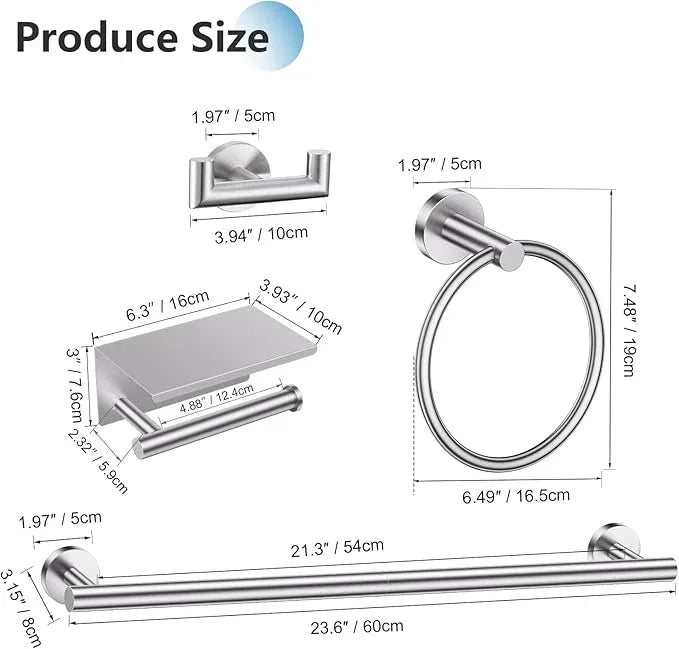 TNOMS Brushed Nickel 5 Pieces Towel Bar Set Bathroom Hardware Set Upgraded Toilet Paper Holder with Shelf,Towel Holder Set for Bathroom Stainless Steel Wall Mounted 23.6 Inch - ModernBath