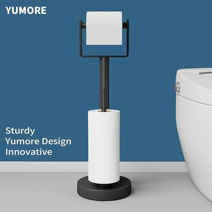 YUMORE Toilet Paper Holder Stand with Storage, Bathroom Weighted Base Floor Toilet Paper Roll Holder Free Standing for 3 Rolls, Matte Black - ModernBath