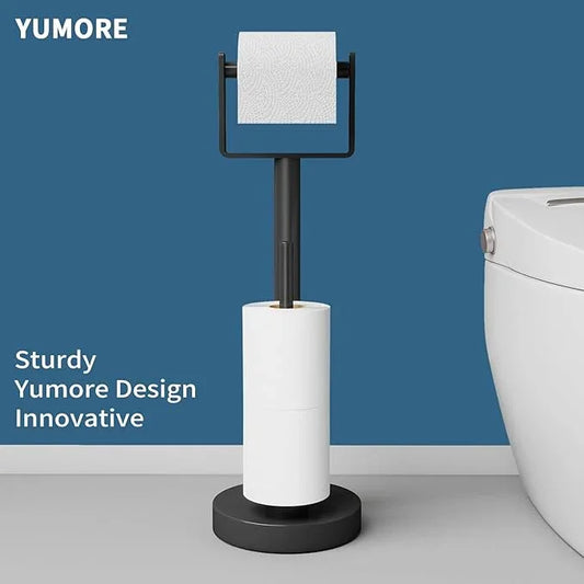 YUMORE Toilet Paper Holder Stand with Storage, Bathroom Weighted Base Floor Toilet Paper Roll Holder Free Standing for 3 Rolls, Matte Black - ModernBath