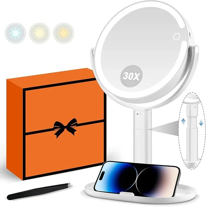MIYADIVA Makeup Mirror with Lights, 30X Magnifying Mirror with Light and Touch Switch, Vanity Mirror with 3 Color Light and 80 LEDs, Height Adjustable Desk Mirror with Lights, White - ModernBath