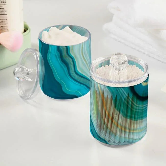 BOENLE 2 Pack Qtip Holder Dispenser Teal Turquoise Blue Marble Bathroom Storage Canister Lid Acrylic Plastic Apothecary Jar Set Vanity Makeup Organizer for Cotton Swab/Ball/Round Pads, Floss - ModernBath