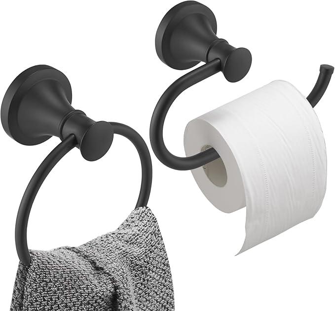 Hoimpro Matte Black Bathroom Bar Set, Wall Mounted Bathroom Hardware Fixture Tissue Roll Holder Towel Rack (Hand Towel Ring, Toilet Paper Holder), 2 PCS Bathroom Accessories, Stainless Steel - ModernBath