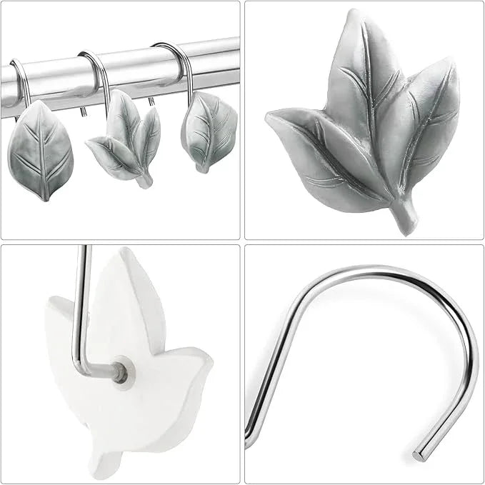 Gibelle 12PCS Leaves Shower Curtain Hooks, Grey Plant Leaf Decorative Shower Curtain Hooks Metal Rustproof Cute Eucalyptus Shower Curtain Rings Bathroom Decoration Accessories - ModernBath