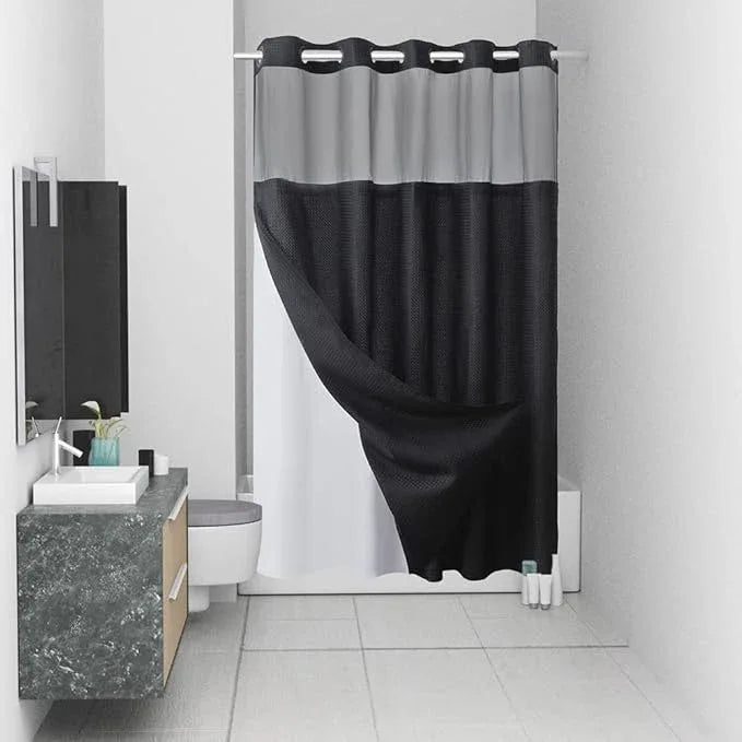 Furlinic No Hook Waffle Weave Shower Curtain with Snap in Liner Set,Heavy Duty Fabric Textured Bathroom Curtain with Sheer Window,Waterproof & Machine Washable,Black,Stall Size 54x80 Inch - ModernBath